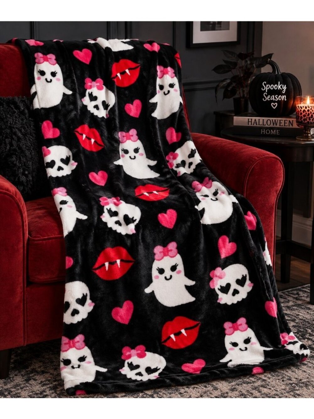 Betsey Johnson Halloween Throw Blanket Ghost Skull Vampire Lips Goth 50x70 NWT